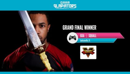 Winner holding his trophy sword from the Street Fighter Competition at GAAM Gladiators