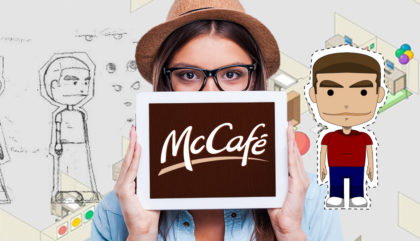 Woman holding McCafe signage, and concept illustrations for the McCafe game
